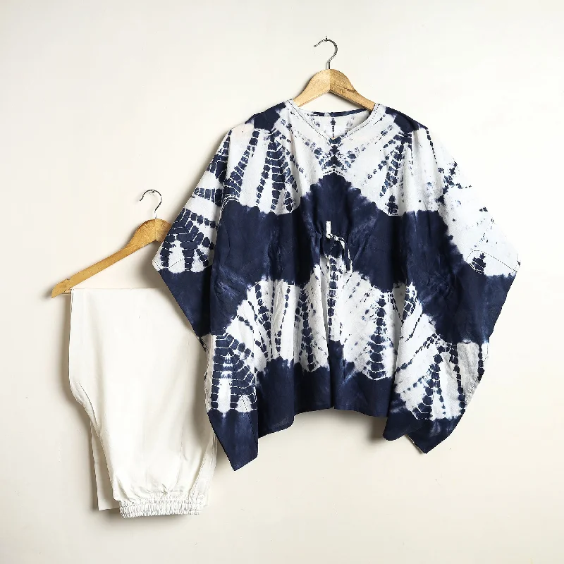 Blue - Shibori Tie-Dye Cotton Kaftan & Pyjama Night Suit Set