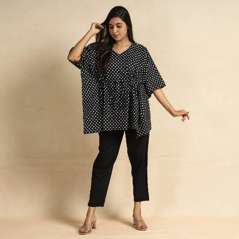 Black - Hand Block Printed Cotton Kaftan & Pyjama Night Suit Set