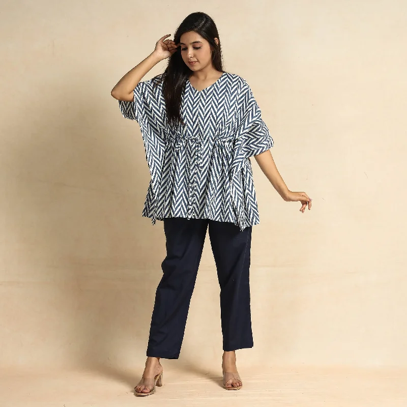 Blue - Hand Block Printed Cotton Kaftan & Pyjama Night Suit Set