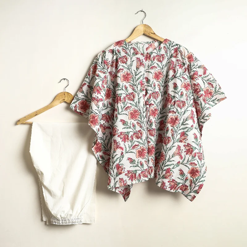 White - Sanganeri Block Printed Cotton Kaftan & Pyjama Night Suit Set