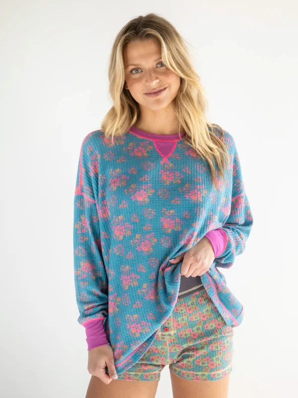 Mix & Match Waffle Pajama Top - Turquoise Pink Floral