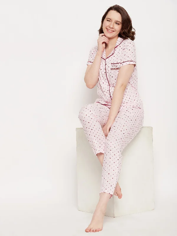 Msecret Pink Star Printed  Lapel Collared Nightsuit