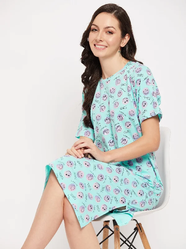 Msecret Aqua Printed Cotton  Mid-length Nightdress