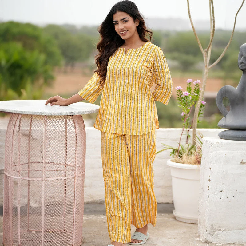 Cotton Lounge Set for Women | Amber Zebra Block Print | Yellow