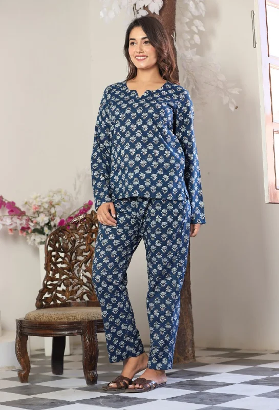 Women's Deep Blue Booti Night Set - Lado Jaipuri