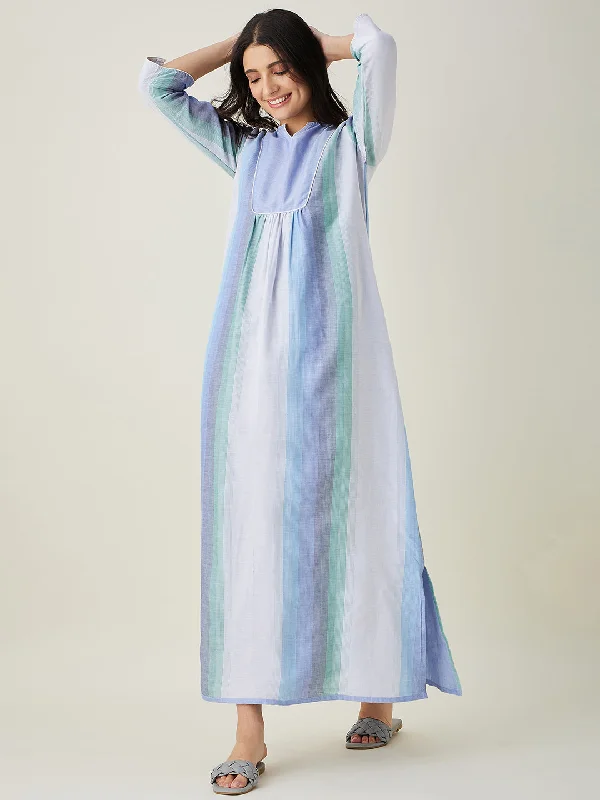 Women's Blue Striped Cotton Nightdress - The Kaftan Company