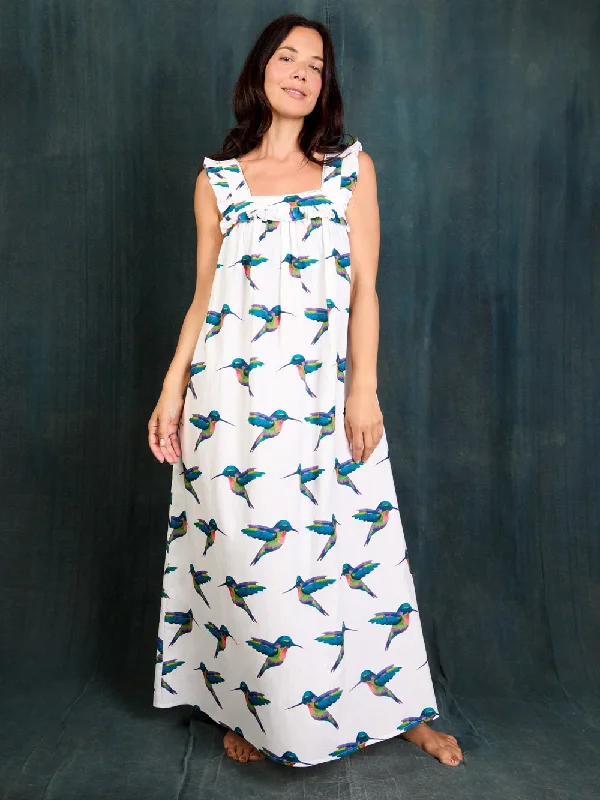 Womens Long Frill Nightdress White Hummingbird