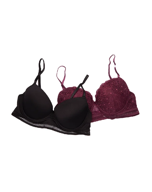 PACK OF 2 LACE MESH & NETTED ELASTIC PUSH-UP BRAS