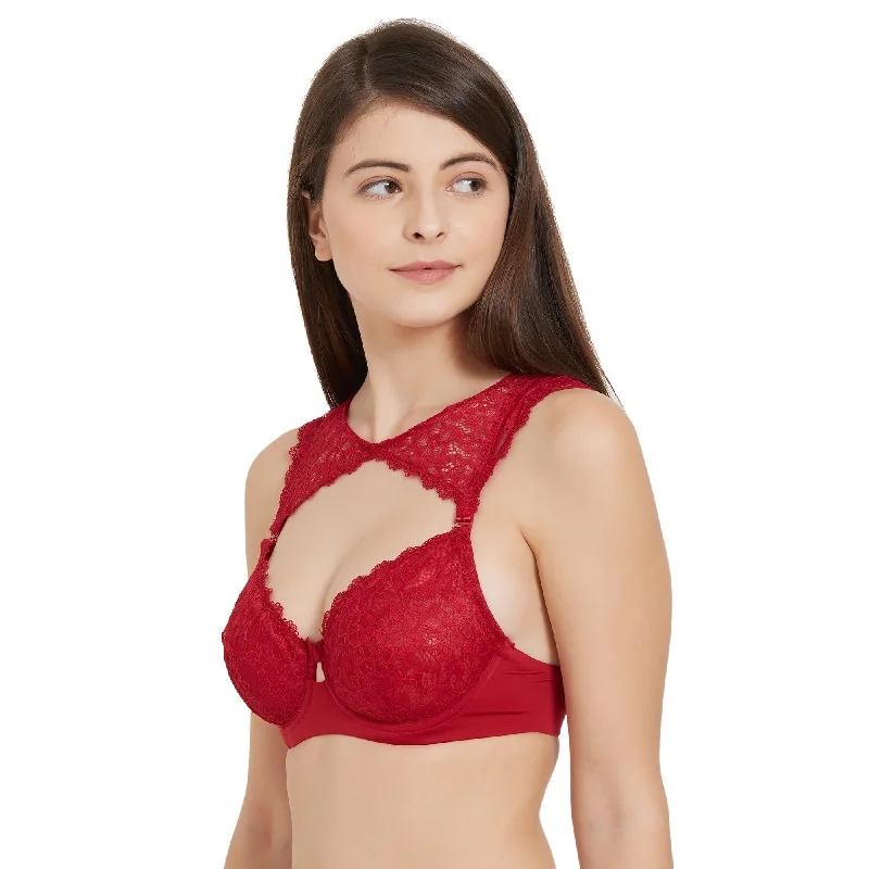 Medium Coverage Non Padded Wired Demi Cup Bra with Detachable Lace Harness-FB-545