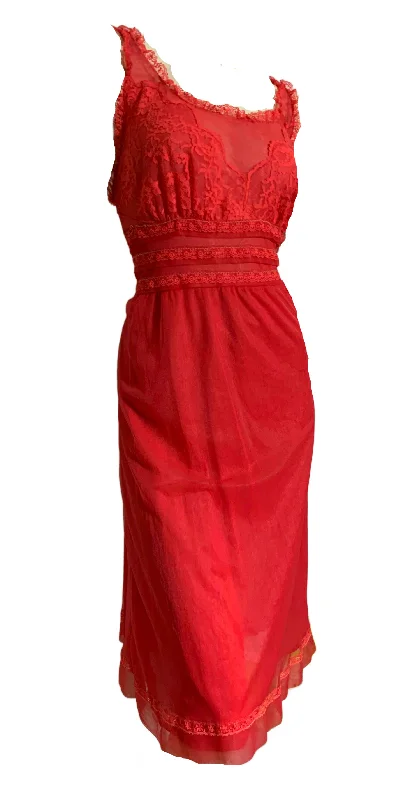 Lipstick Red Lace Trimmed Short Nylon Nightgown circa 1960s