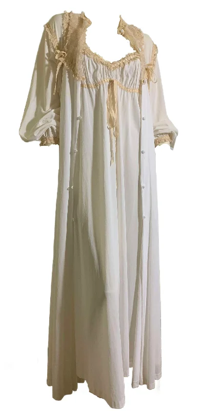 Romantic Porcelain White Nylon Nightgown & Robe Peignoir Set with Ribbons and Lace circa 1970s