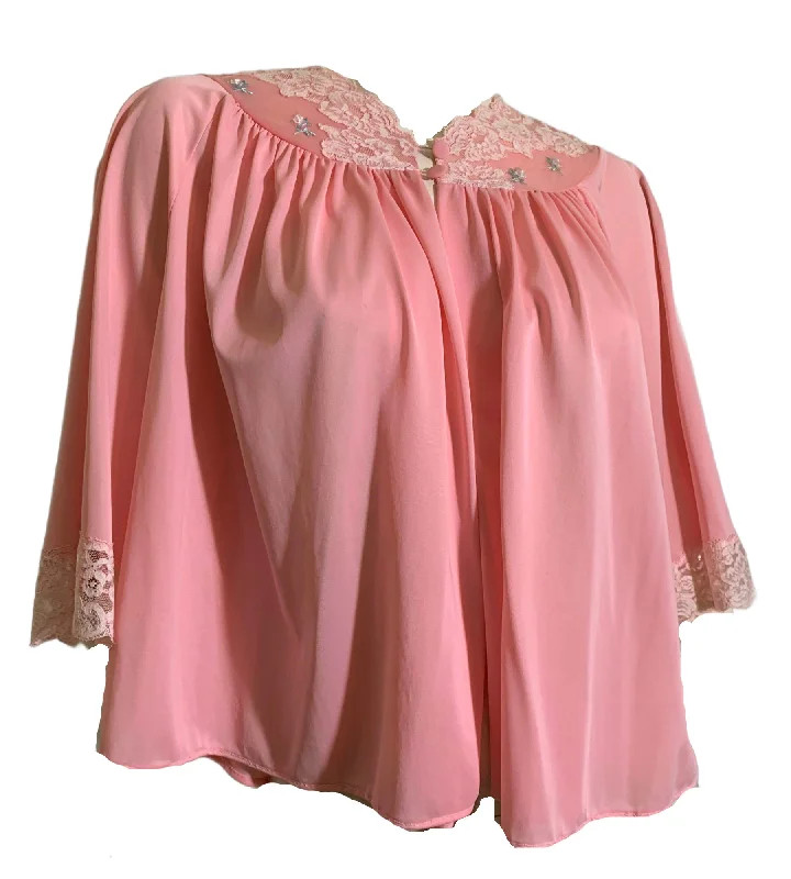 Rose Pink Nylon Lace Trimmed Bed Jacket circa 1960s