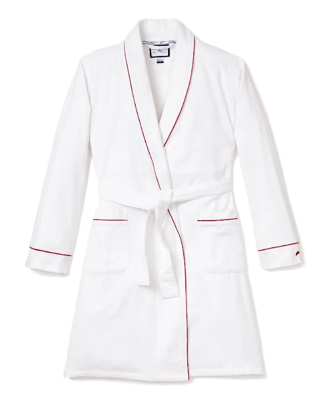 Women's Flannel Robe in White with Red Piping