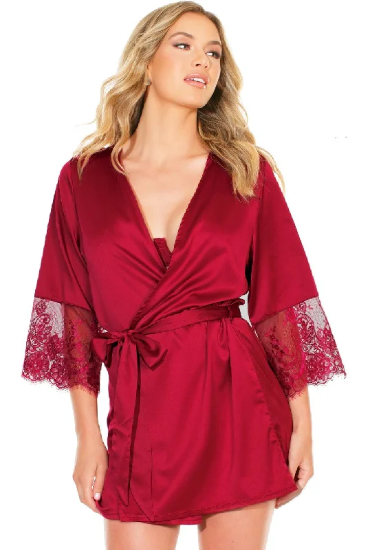 Satin & Lace Burgundy Long Sleeve Robe