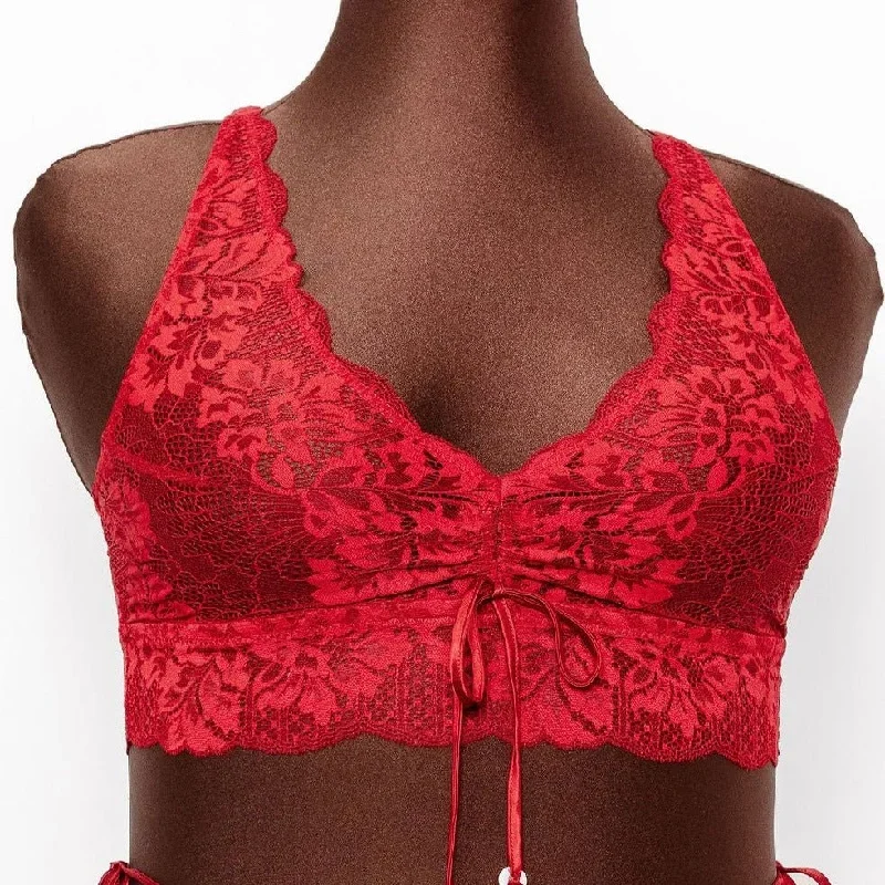 Lacy Plunge Pom Pom Bralette - Red