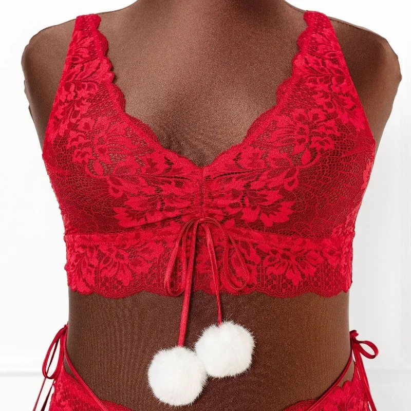 lacy-plunge-pom-pom-bralette-red