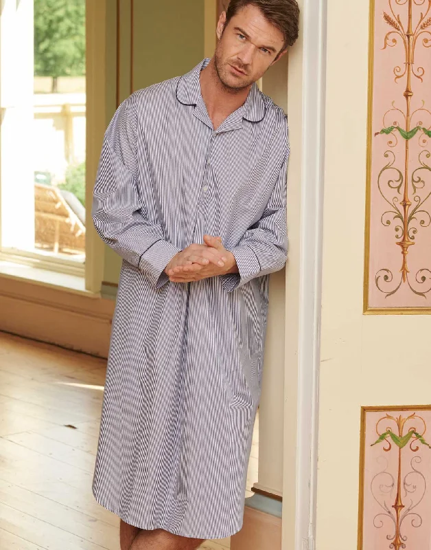 Men's Crisp Cotton Nightshirt – Navy Pinstripe