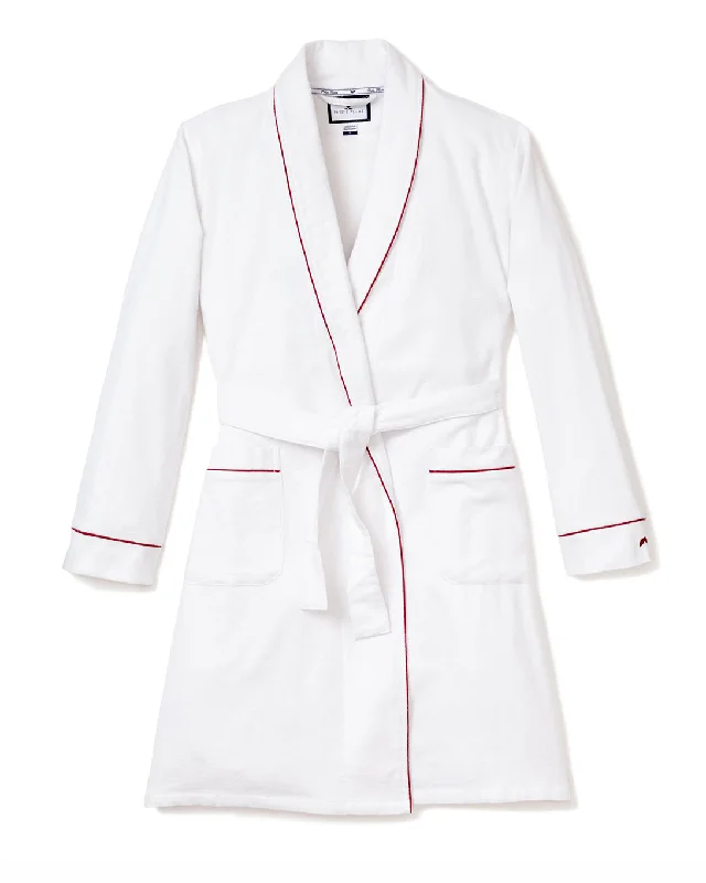 Men's Flannel Robe in White with Red Piping